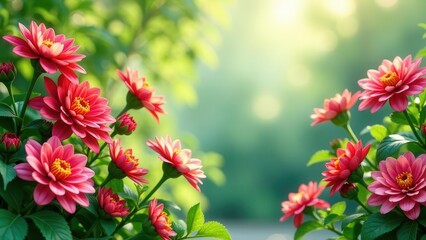 Fototapeta premium Vibrant pink blossoms bathed in sunlight, showcasing delicate petals and lush green foliage, creating a serene and idyllic floral scene.