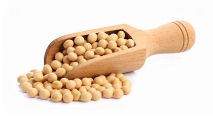 Soybeans in Wooden Scoop on White Backdrop