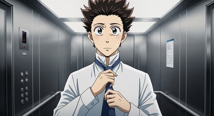 Man nervously tying tie in elevator with intense expression