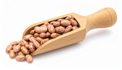 Creamy Pinto Beans in Wooden Scoop on White Background