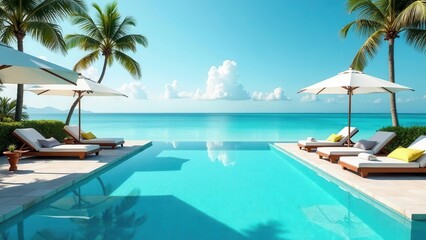 Tranquil Infinity Pool Scene Luxurious Relaxation by the Ocean with Palm Trees and Comfortable Lounge Chairs