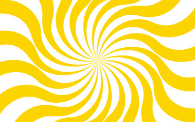 Abstract dynamic vibrant background with bright yellow and white spiral rays. Sunburst pinwheel design, with sense of movement and energy. Wavy, curved stripes twist with a visual illusion of spinning
