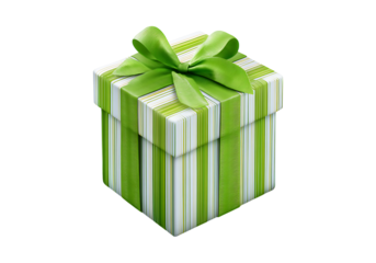 Green striped gift box with green ribbon bow isolated on black, On Transparent Background