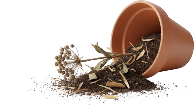 Overthrown Terracotta Pot with Dried Plant and Soil Spill