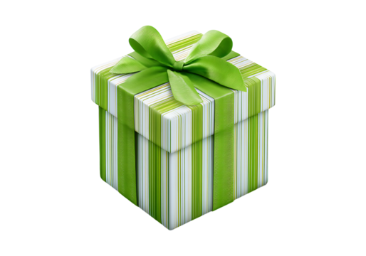 Green striped gift box with green ribbon bow isolated on black, On Transparent Background