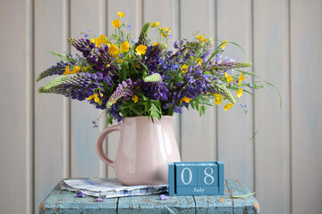 Wildflower bouquet in pink jug celebrating july 8th