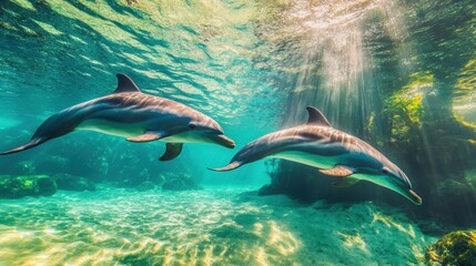 Two dolphins glide gracefully through clear turquoise waters, illuminated by shimmering sunlight filtering from above, This enchanting underwater scene is perfect for ocean-themed projects