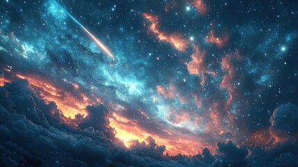 Meteor streaks across vibrant, starry night sky above dramatic clouds