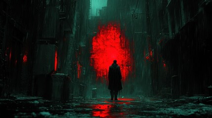 Man in dark coat facing red glow in rainy city alley