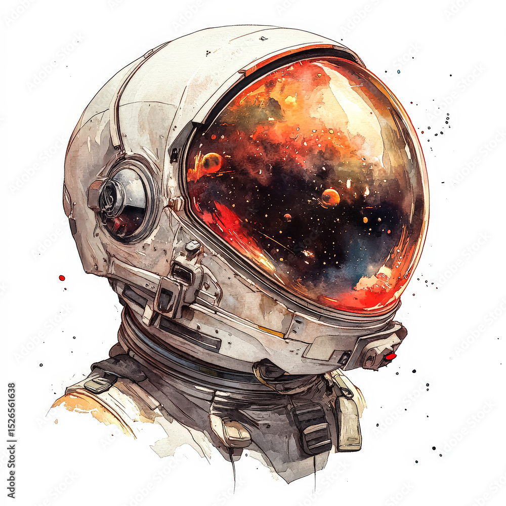 Poster drawing of a space suit with a red helmet and a red planet in the background