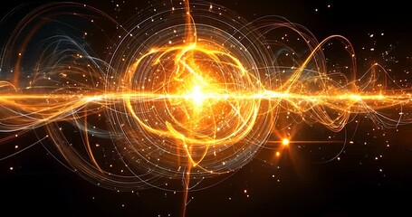 Abstract golden light beam with animated particles on black background with dark background with glowing particles and bokeh effect - Powered by Adobe