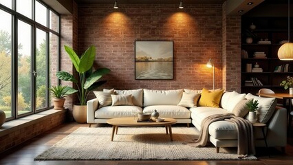 Modern Sectional Sofa in a Cozy Living Room with Exposed Brick Walls and Large Windows