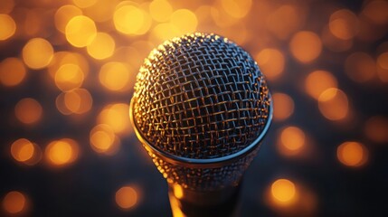 Microphone on stage, bokeh background, ready for performance
