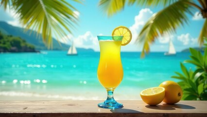 Refreshing Tropical Cocktail by the Ocean Shore with Sunny Citrus Fruits