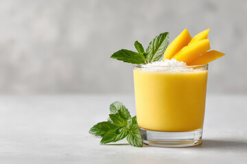 Fototapeta premium refreshing mango and coconut smoothie in clear glass placed on light background