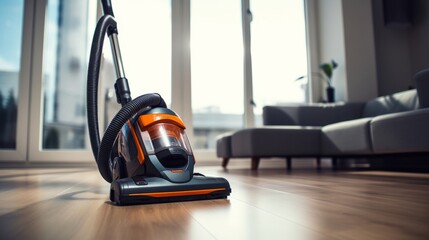 Vacuum cleaner standing on wooden floor in living room