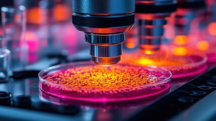 Microscope examining lab petri dish with samples under UV light