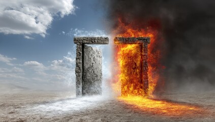 Two opposing doorways, one in frigid, the other in fiery realms