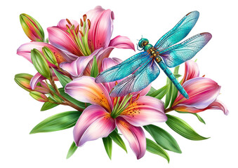 Dragonfly Resting on Vibrant Lilies with Green Foliage