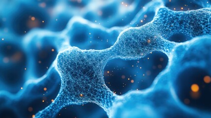 Microscopic blue cellular network with glowing particles