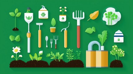Gardening tools and plants arranged neatly on a vibrant green background showcasing gardening essentials and growth