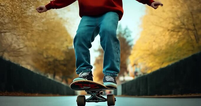 A person performing a skateboard trick on a street, with the urban environment as a backdrop