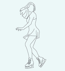 skating girl hand drawn lineart. vektor woman playing ice skating. line art