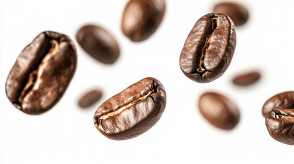 Fototapeta premium Coffee beans suspended mid-air against a white background.