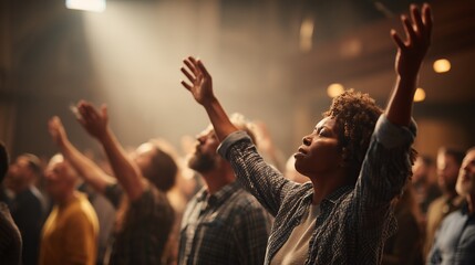 Devout christians worship with raised hands in a spirit filled church during a vibrant prayer session