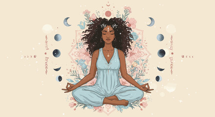Elegant African American woman in yoga pose with floral and lunar elements illustration