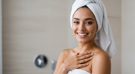 Smiling woman with towel wrap and hand on chest