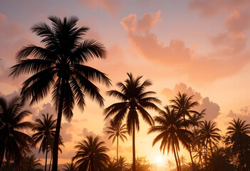 Obraz premium Majestic silhouetted palm trees against a vivid sunset sky creating a tropical paradise scene