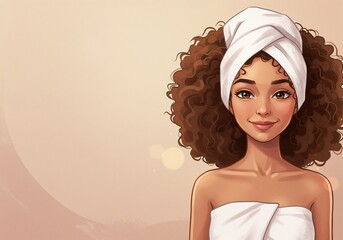 Smiling woman with curly hair and towel wrap on neutral background