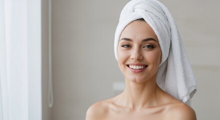 Smiling woman with towel wrap in bright bathroom