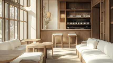 Soft beige and wood textures fill this serene cafe space, where white sofas rest peacefully beside an open door—an invitation to pause and unwind.

