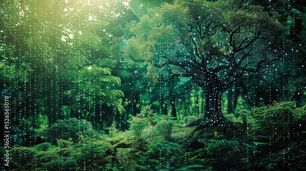 Poster tree is surrounded by a forest with a bright green color