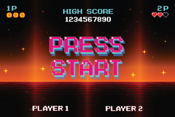 PRESS START. pixel art .8-bit game. Retro Futurism Sci-Fi Background. glowing neon grid. and stars from vintage arcade computer games