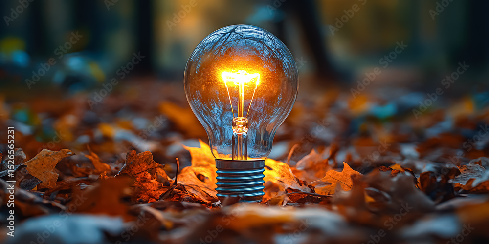 Poster light bulb is lit up in a forest setting