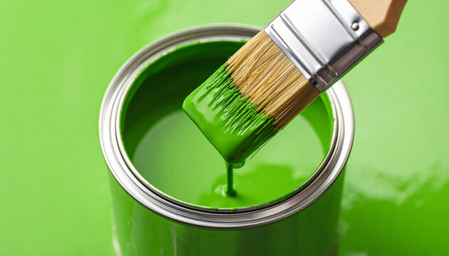Vibrant green paint dripping from brush.