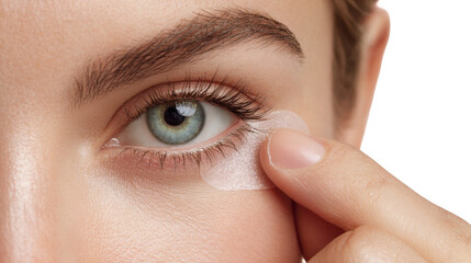 Naklejka premium Close up of a caucasian woman applying an eye patch under her eye, demonstrating a beauty routine for reducing wrinkles, dark circles, and puffiness, on a transparent background
