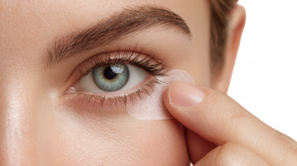 Close up of a caucasian woman applying an eye patch under her eye, demonstrating a beauty routine for reducing wrinkles, dark circles, and puffiness, on a transparent background