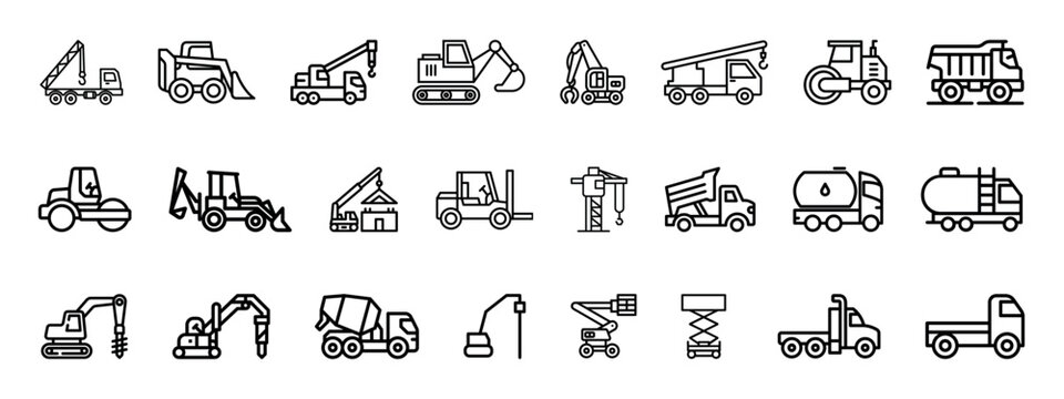 Construction vehicle line icon set. Heavy machinery outline icon. Bulldozer, loader, grader, paver, roller, lowboy hauler, hydraulic lift, utility, crane, concrete mixer vector illustration.