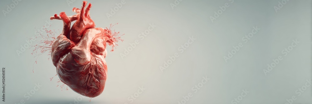 Poster 3D Anatomical Heart Model Floating Above a Clean Background With Minimal Design Elements on the Left Side