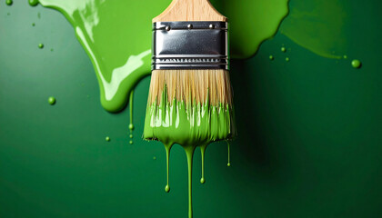 Vibrant green paint dripping from brush.