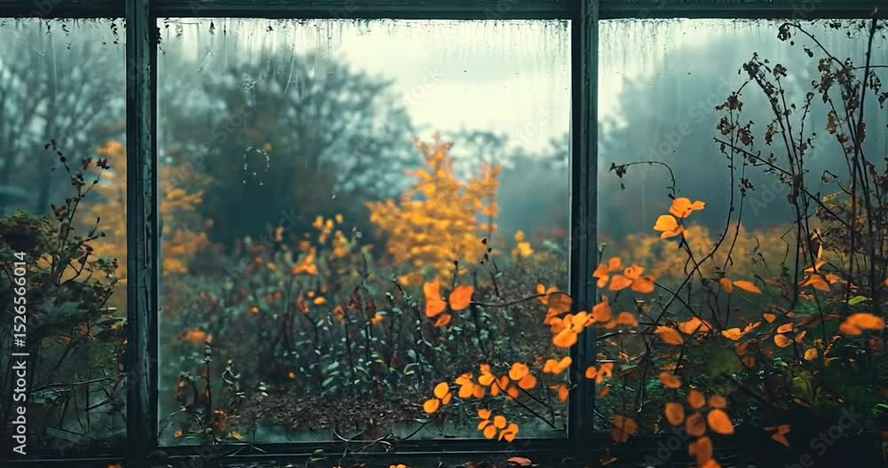 Poster window view of fall foliage trees on a cloudy day with a rain effect, orange and green color scheme