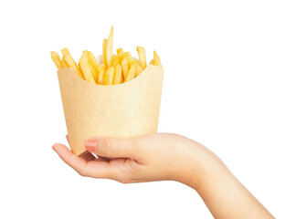 Hand holding french fries in brown paper bag on white background, clipping path.