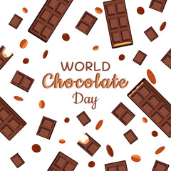 World Chocolate Day Banner with Chocolate Bars, Pieces, and Coffee Beans on White Background – Vector Illustration for Holiday, Dessert, Sweets, Coffee and Bakery Promotions