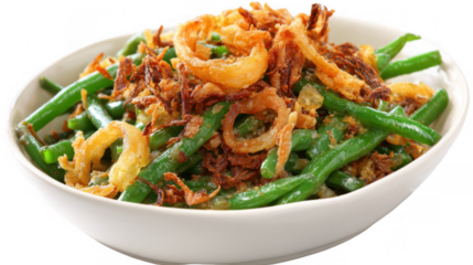 Green bean casserole topped with crispy fried onions, a classic thanksgiving side dish, presented in a white bowl with a transparent background