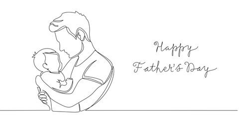 Father and baby celebrate Fathers Day with a heartwarming embrace and a joyful message written in cursive, showcasing love and tenderness