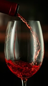 Super Slow Motion of Pouring Red Wine into Glass. Filmed on High Speed Cinema Camera, 1000 fps. Wine Cellar on Background. Vertical Aspect Ration. Speed Ramp Effect.